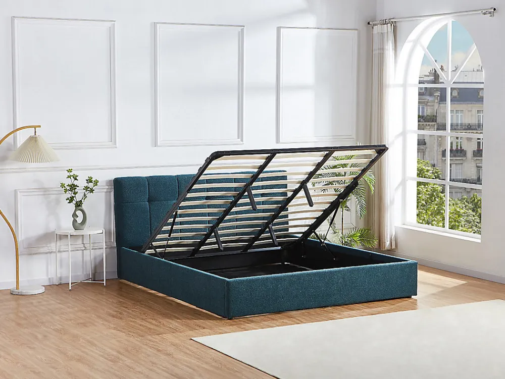 Lit coffre 180 x 200 cm - Tissu bouclette - Bleu canard + Matelas - MAZIRI>Vente-unique Outlet
