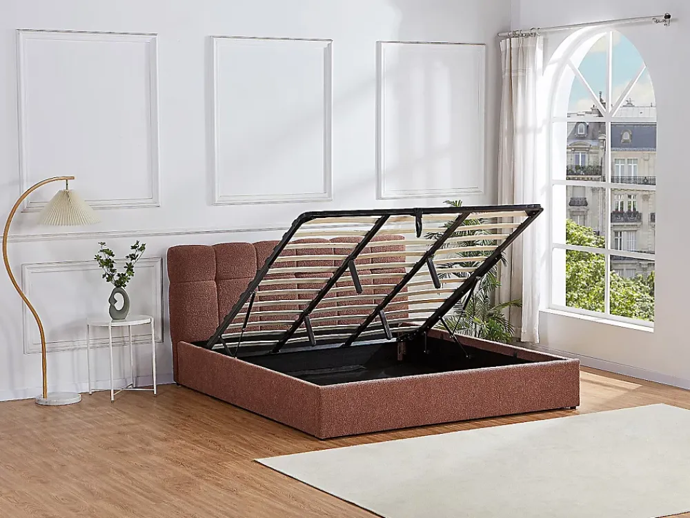 Vente-unique Lit coffre 180 x 200 cm - Tissu bouclette - Terracotta + Matelas - MAZIRI* Ensemble Sommier Et Matelas