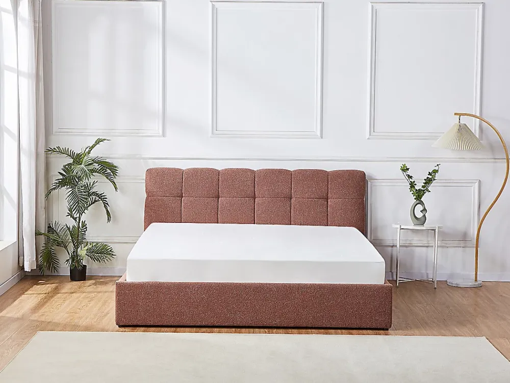 Vente-unique Lit coffre 180 x 200 cm - Tissu bouclette - Terracotta + Matelas - MAZIRI* Ensemble Sommier Et Matelas