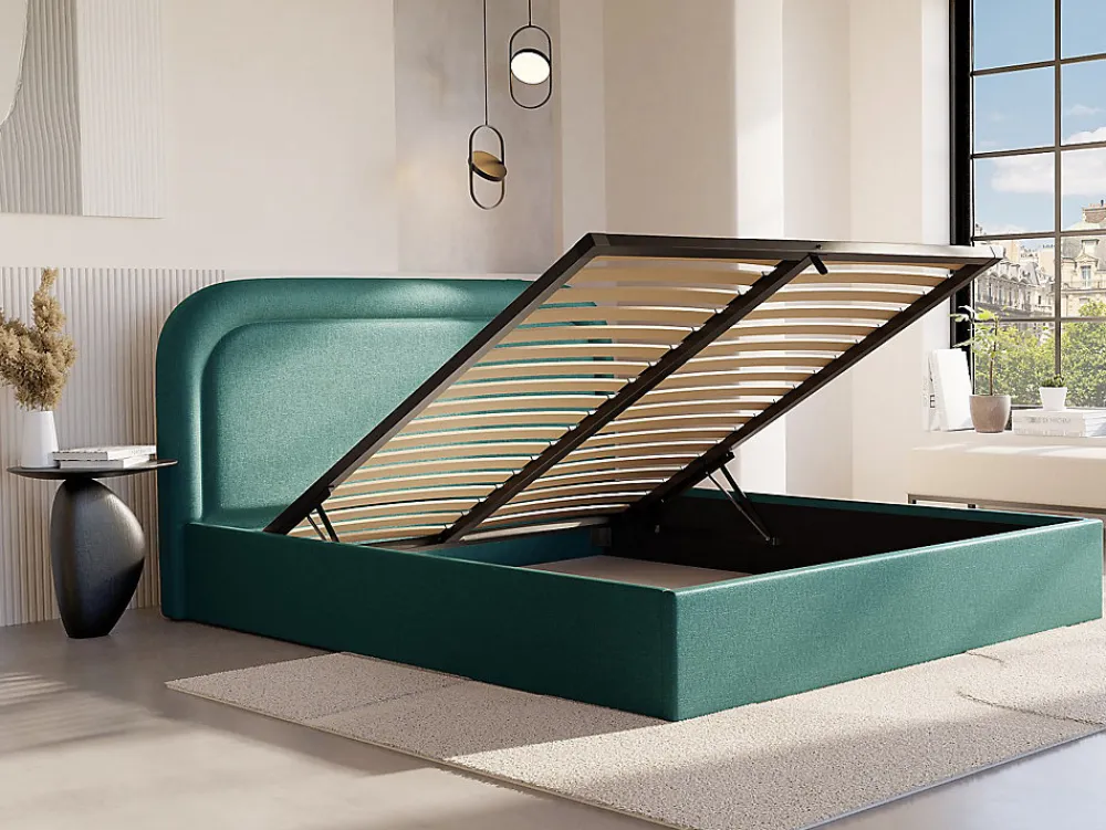 Lit coffre 180 x 200 cm - Tissu chiné - Bleu canard + Matelas - FIREZA>Vente-unique