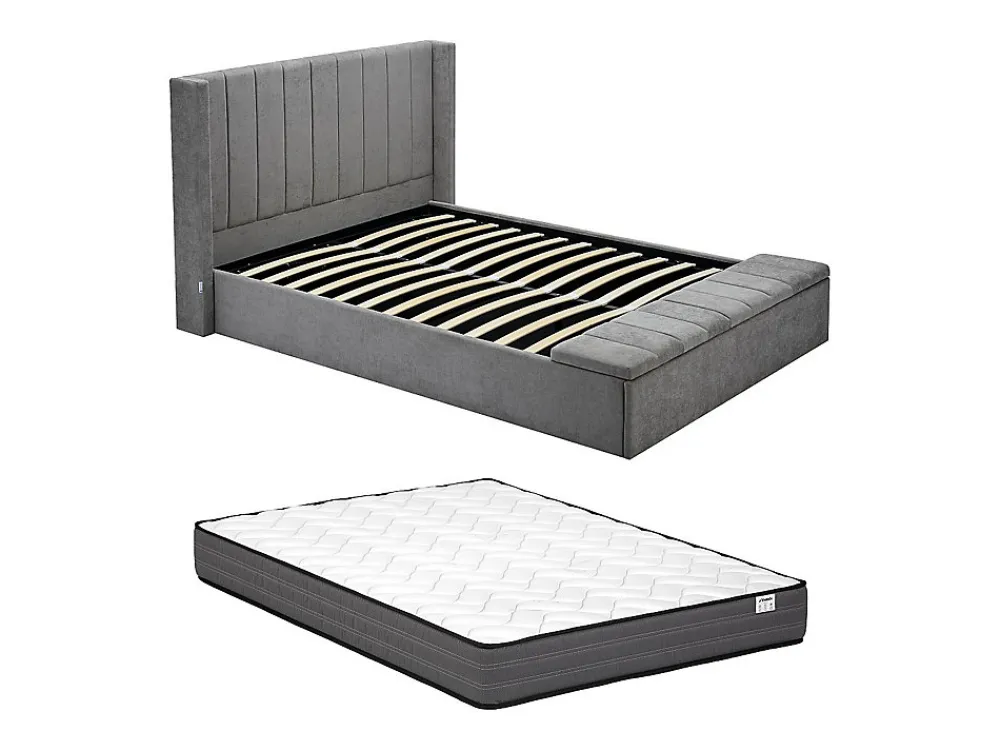 Lit coffre 160 x 200 cm avec banc - Tissu - Gris + Matelas - DOUINO>Vente-unique Sale