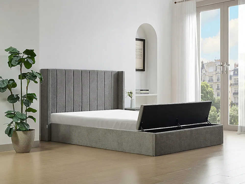 Lit coffre 160 x 200 cm avec banc - Tissu - Gris + Matelas - DOUINO>Vente-unique Sale