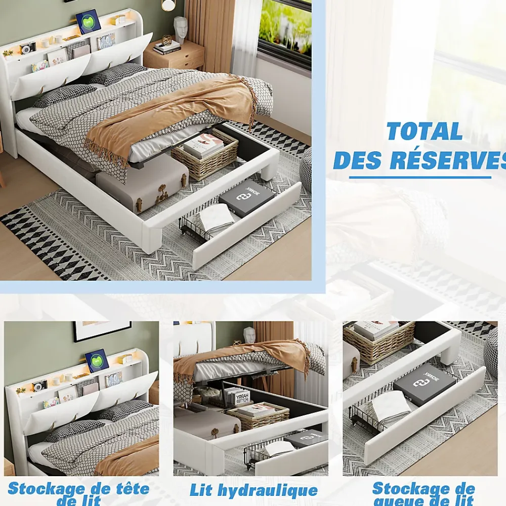 Fortuna lai Lit Coffre 140 X 200 Cm Avec Éclairage LED Et Chargement USB, Avec Tiroirs, Velours, Blanc Cassé* Lit Coffre
