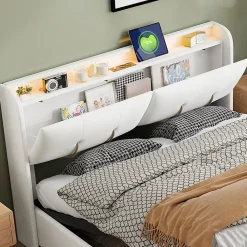 Fortuna lai Lit Coffre 140 X 200 Cm Avec Éclairage LED Et Chargement USB, Avec Tiroirs, Velours, Blanc Cassé* Lit Coffre