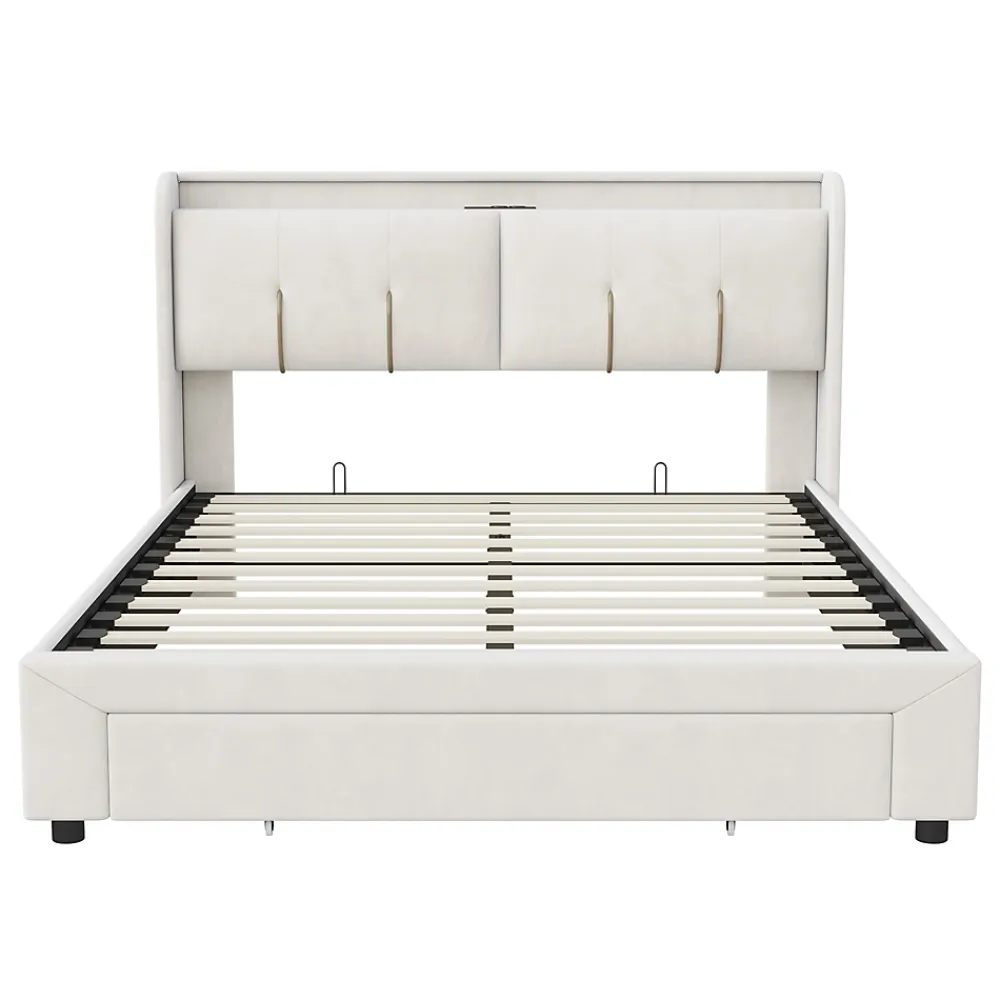 Fortuna lai Lit Coffre 140 X 200 Cm Avec Éclairage LED Et Chargement USB, Avec Tiroirs, Velours, Blanc Cassé* Lit Coffre