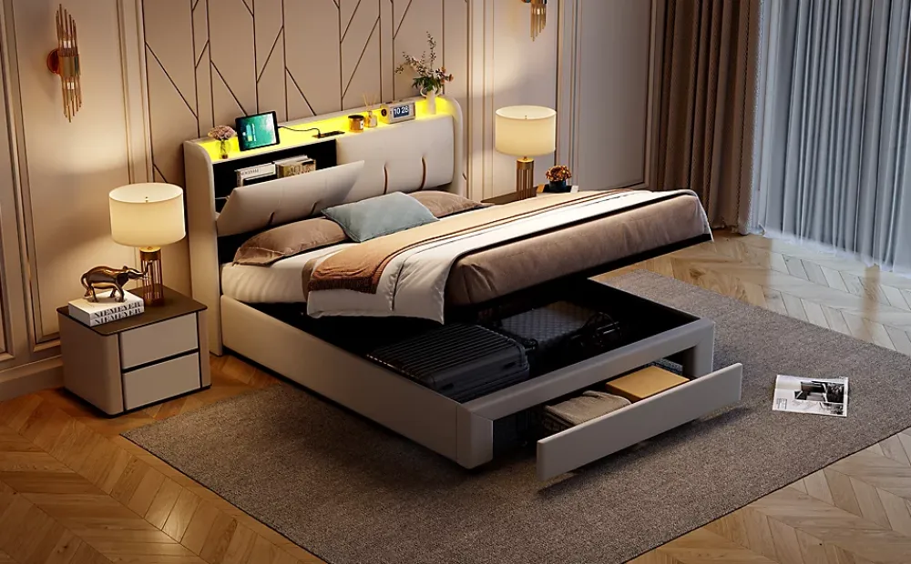 Fortuna lai Lit Coffre 140 X 200 Cm Avec Éclairage LED Et Chargement USB, Avec Tiroirs, Velours, Blanc Cassé* Lit Coffre