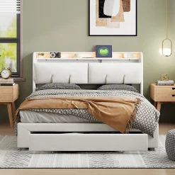 Fortuna lai Lit Coffre 140 X 200 Cm Avec Éclairage LED Et Chargement USB, Avec Tiroirs, Velours, Blanc Cassé* Lit Coffre