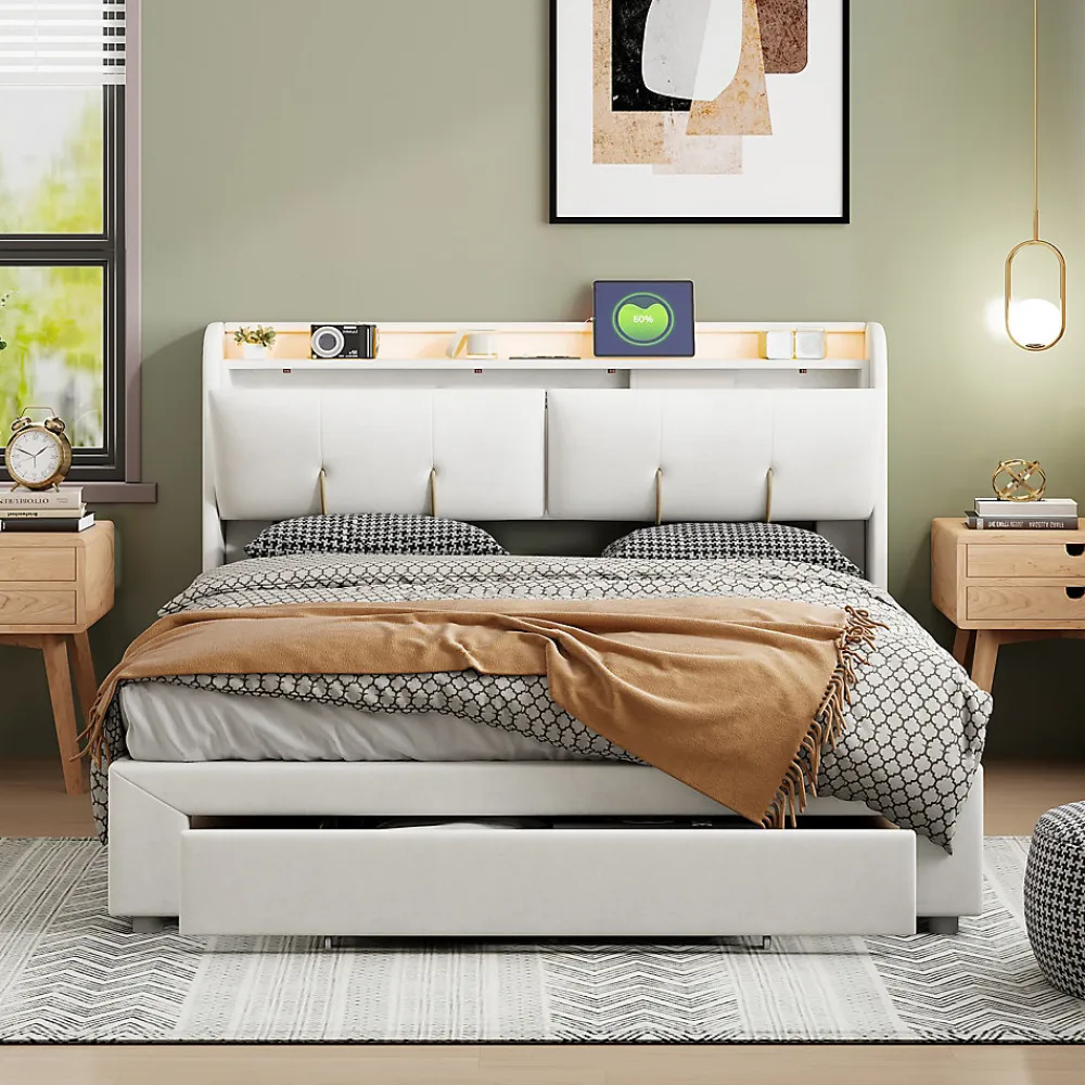 Fortuna lai Lit Coffre 140 X 200 Cm Avec Éclairage LED Et Chargement USB, Avec Tiroirs, Velours, Blanc Cassé* Lit Coffre
