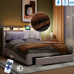 Fortuna lai Lit Coffre 140 X 200 Cm Avec Éclairage LED Et Chargement USB, Avec Tiroirs, Velours, Blanc Cassé* Lit Coffre
