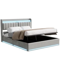 Fortuna lai Lit Coffre 160 X 200 Cm Avec LED Et Ports USB, Étagères Ouvertes Et Rangements Cachés, Gris* Lit Coffre
