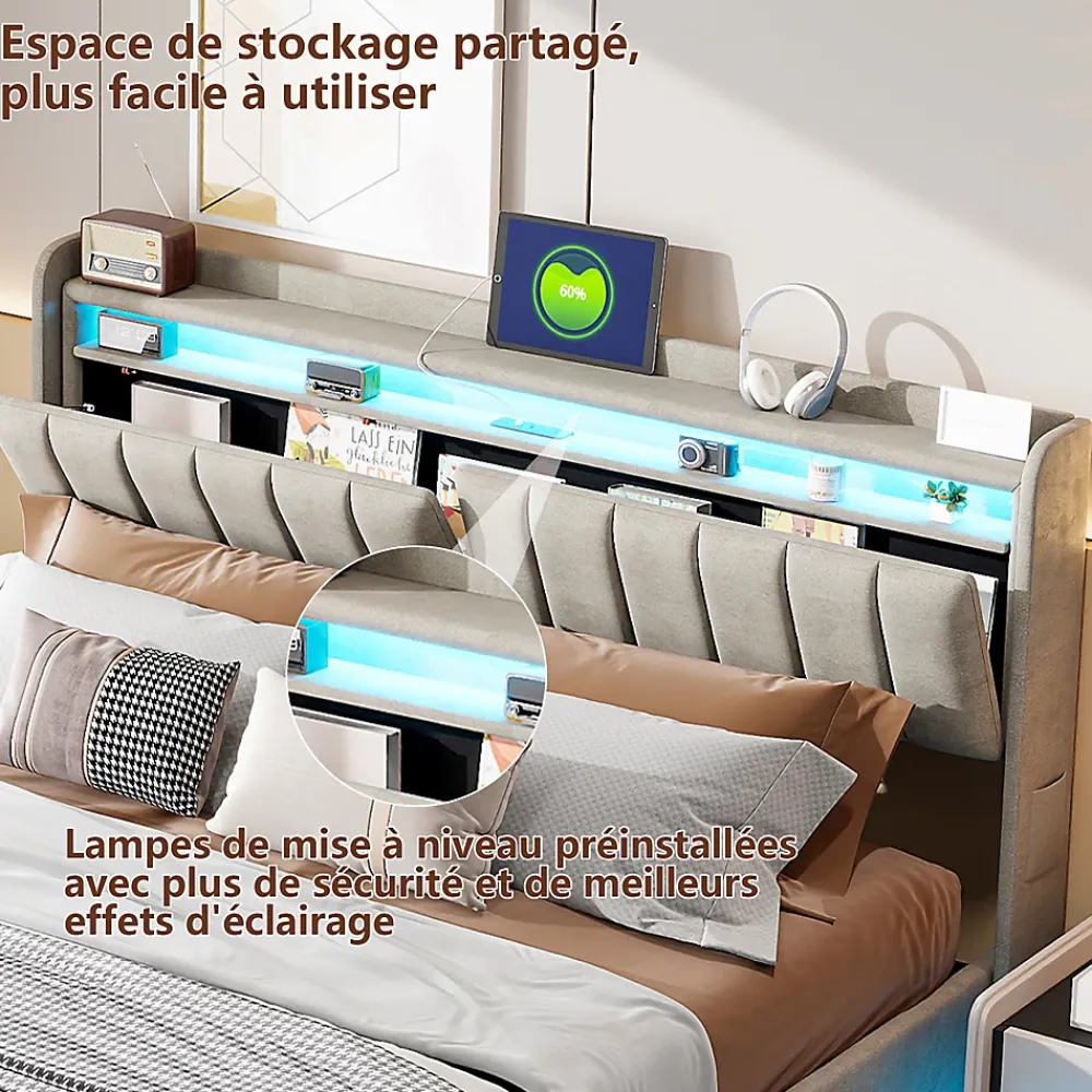 Fortuna lai Lit Coffre 160 X 200 Cm Avec LED Et Ports USB, Étagères Ouvertes Et Rangements Cachés, Gris* Lit Coffre
