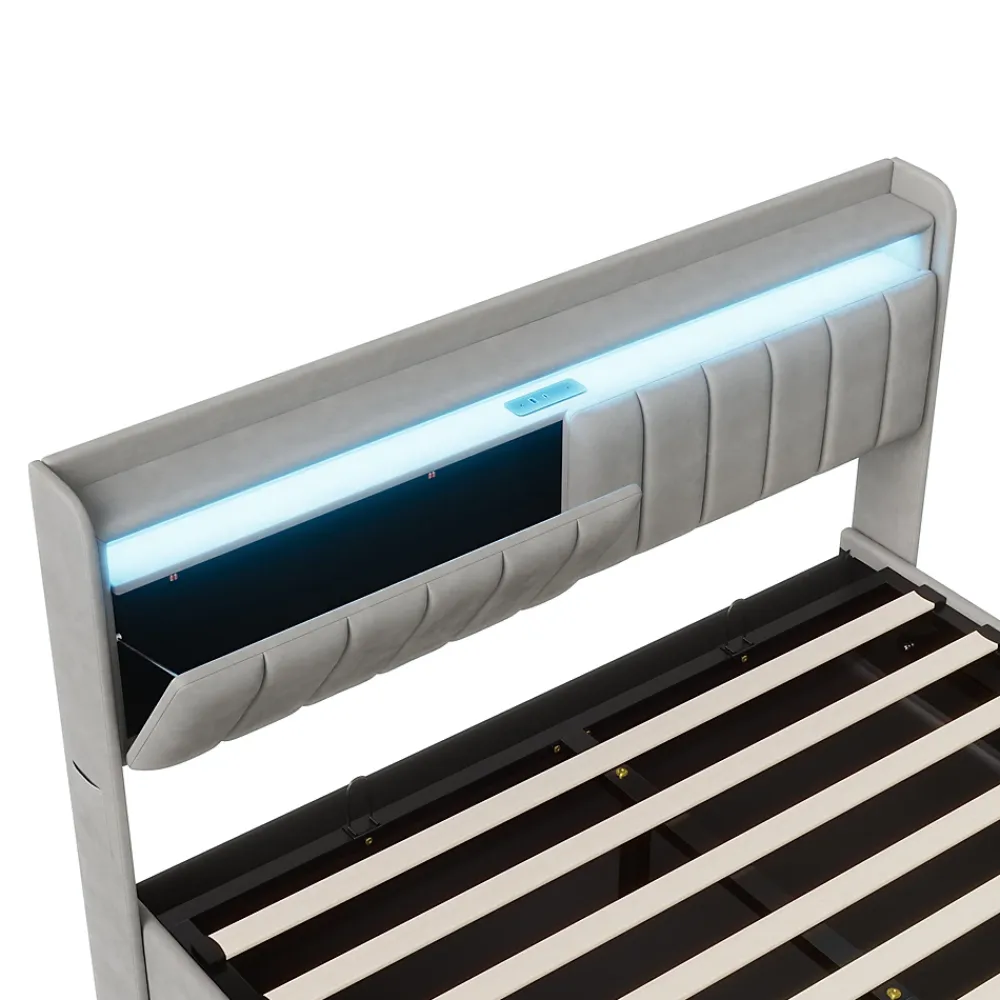 Fortuna lai Lit Coffre 160 X 200 Cm Avec LED Et Ports USB, Étagères Ouvertes Et Rangements Cachés, Gris* Lit Coffre