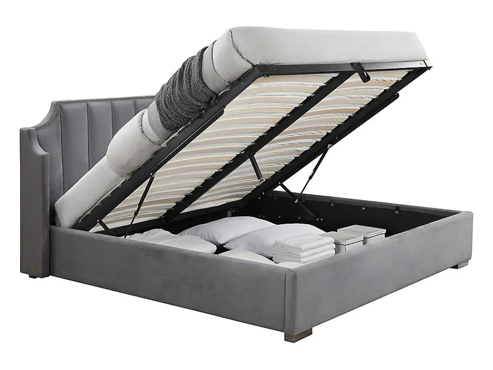 Vente-unique Lit coffre 160 x 200 cm avec tête de lit incurvée - Velours - Gris clair + Matelas - TEOMIS* Ensemble Sommier Et Matelas