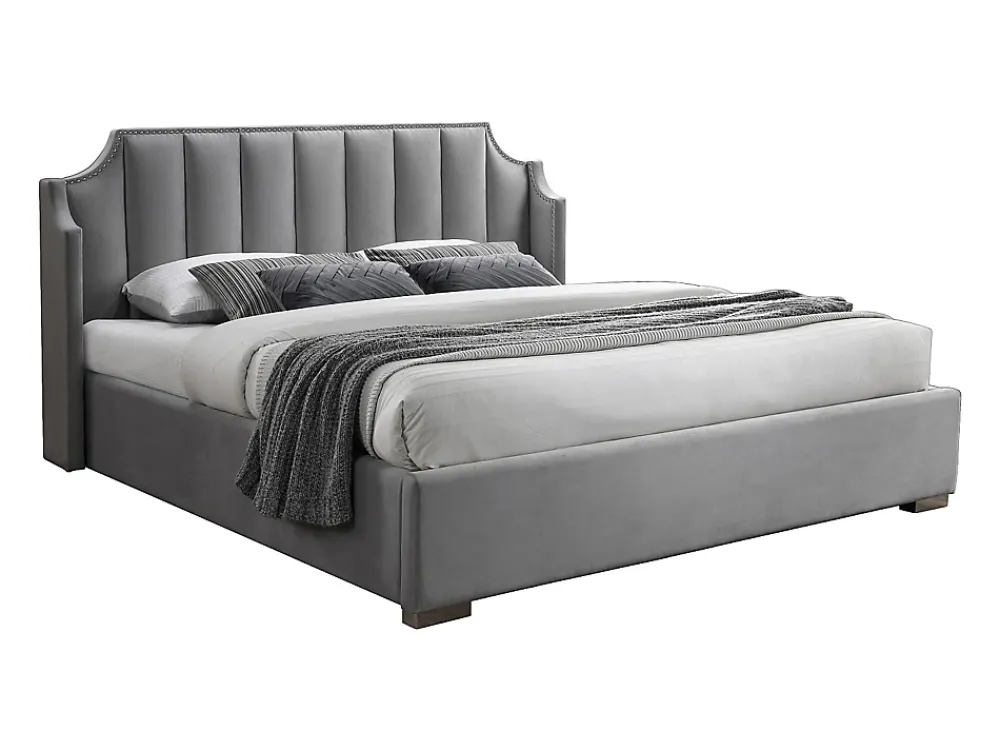 Vente-unique Lit coffre 160 x 200 cm avec tête de lit incurvée - Velours - Gris clair + Matelas - TEOMIS* Ensemble Sommier Et Matelas