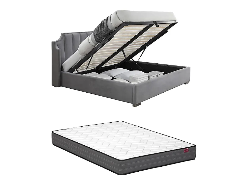 Vente-unique Lit coffre 160 x 200 cm avec tête de lit incurvée - Velours - Gris clair + Matelas - TEOMIS* Ensemble Sommier Et Matelas