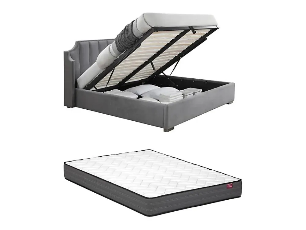 Vente-unique Lit coffre 160 x 200 cm avec tête de lit incurvée - Velours - Gris clair + Matelas - TEOMIS* Ensemble Sommier Et Matelas