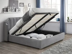 Vente-unique Lit coffre 160 x 200 cm avec tête de lit incurvée - Velours - Gris clair + Matelas - TEOMIS* Ensemble Sommier Et Matelas