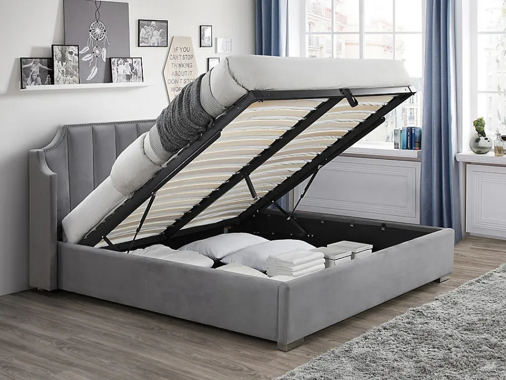 Vente-unique Lit coffre 160 x 200 cm avec tête de lit incurvée - Velours - Gris clair + Matelas - TEOMIS* Ensemble Sommier Et Matelas