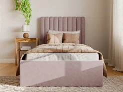 Lit coffre 90 x 190 cm avec tête de lit coutures verticales - Tissu - Rose + Matelas - SARAH><noscript><img width=