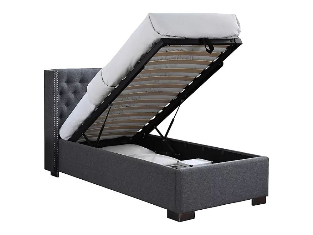Vente-unique Lit coffre 90 x 200 cm avec tête de lit capitonnée - Tissu - Gris - MASSIMO* Lit Coffre