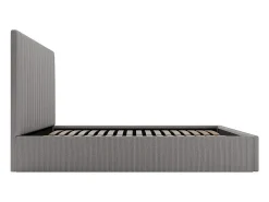 Lit coffre 140 x 190 cm avec tête de lit coutures verticales - Velours côtelé - Gris + Matelas - SARAH><noscript><img width=
