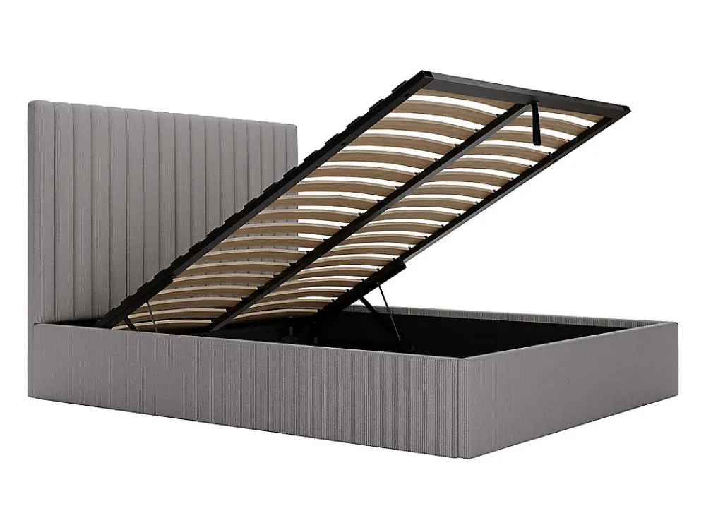 Lit coffre 140 x 190 cm avec tête de lit coutures verticales - Velours côtelé - Gris + Matelas - SARAH>Vente-unique Clearance