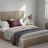 Vente-unique Lit coffre 160 x 200 cm avec tête de lit coutures verticales - Velours - Taupe - LARALI II* Lit Coffre