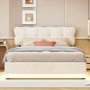 Fortuna lai Lit Coffre 160 x 200 cm, Lit Double avec Éclairage LED, Lit Capitonné avec Rangement et Tete de lit,Velours Beige* Lit Coffre