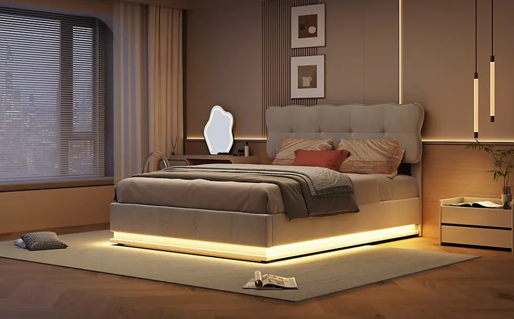 Fortuna lai Lit Coffre 160 x 200 cm, Lit Double avec Éclairage LED, Lit Capitonné avec Rangement et Tete de lit,Velours Beige* Lit Coffre