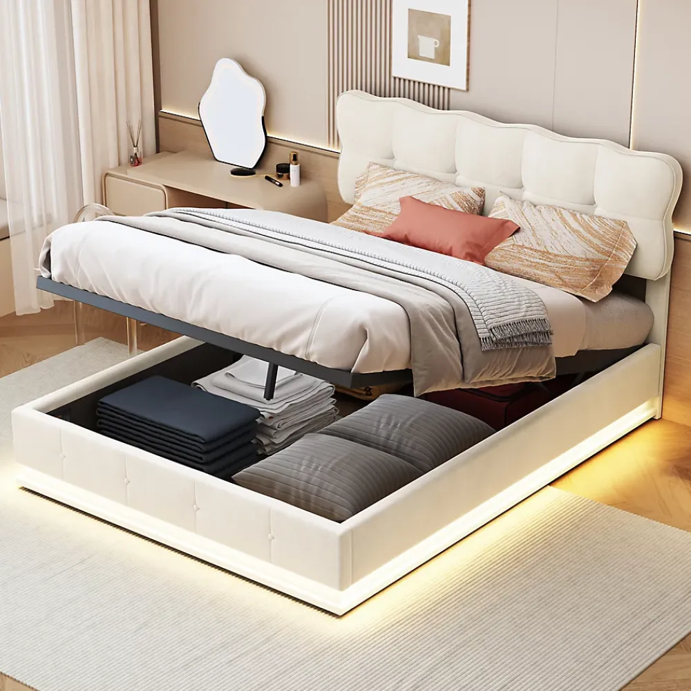 Fortuna lai Lit Coffre 160 x 200 cm, Lit Double avec Éclairage LED, Lit Capitonné avec Rangement et Tete de lit,Velours Beige* Lit Coffre