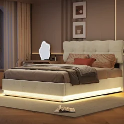 Fortuna lai Lit Coffre 160 x 200 cm, Lit Double avec Éclairage LED, Lit Capitonné avec Rangement et Tete de lit,Velours Beige* Lit Coffre