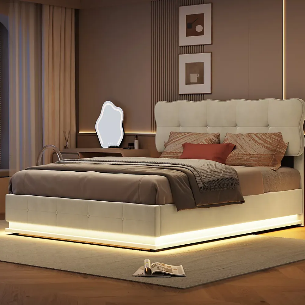 Fortuna lai Lit Coffre 160 x 200 cm, Lit Double avec Éclairage LED, Lit Capitonné avec Rangement et Tete de lit,Velours Beige* Lit Coffre