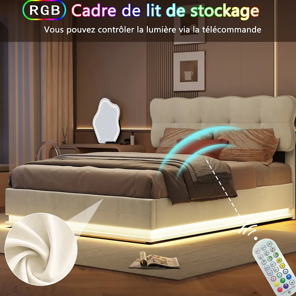 Fortuna lai Lit Coffre 160 x 200 cm, Lit Double avec Éclairage LED, Lit Capitonné avec Rangement et Tete de lit,Velours Beige* Lit Coffre