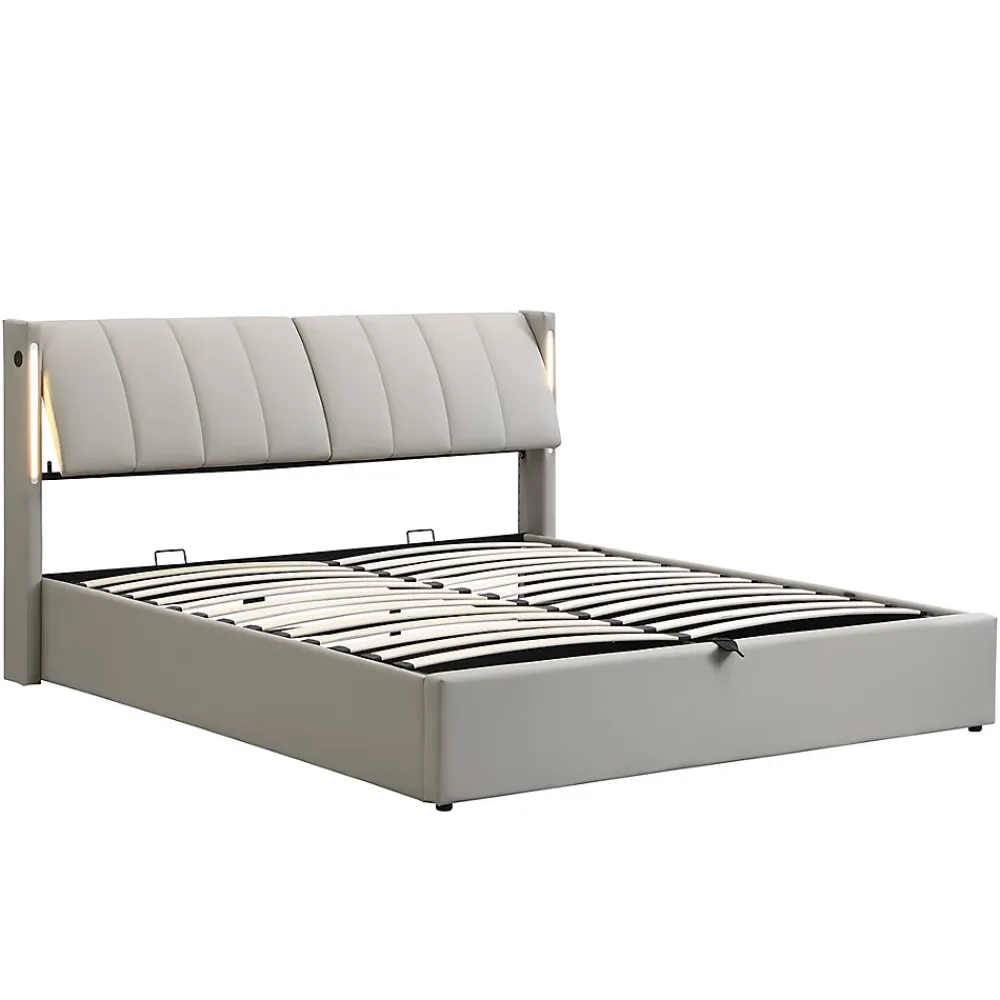 Gutent Lit coffre 160 x 200 cm,lit hydraulique,Lit rembourré, avec espace de rangement, tête de lit réglable,PU,gris* Lit Coffre