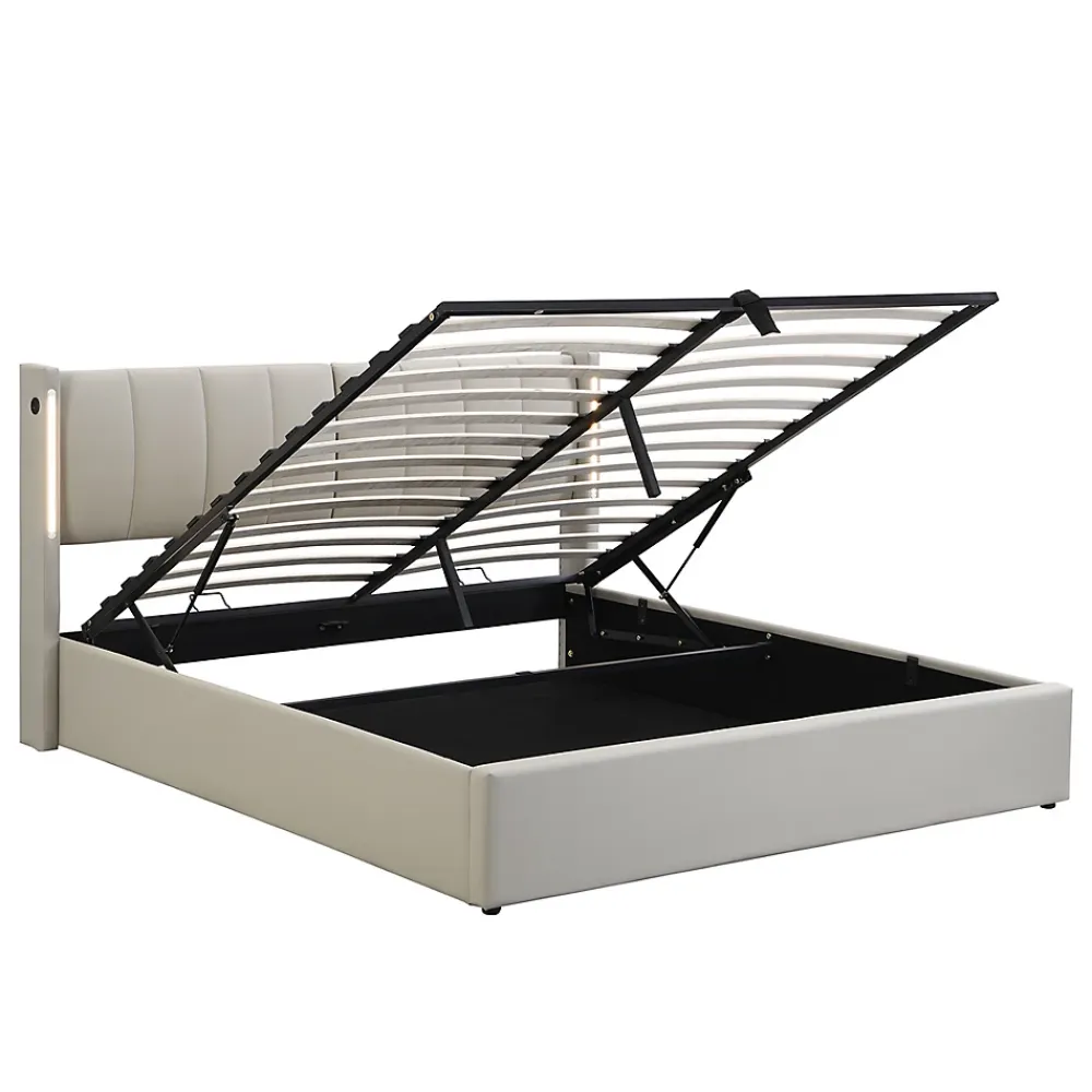 Gutent Lit coffre 160 x 200 cm,lit hydraulique,Lit rembourré, avec espace de rangement, tête de lit réglable,PU,gris* Lit Coffre