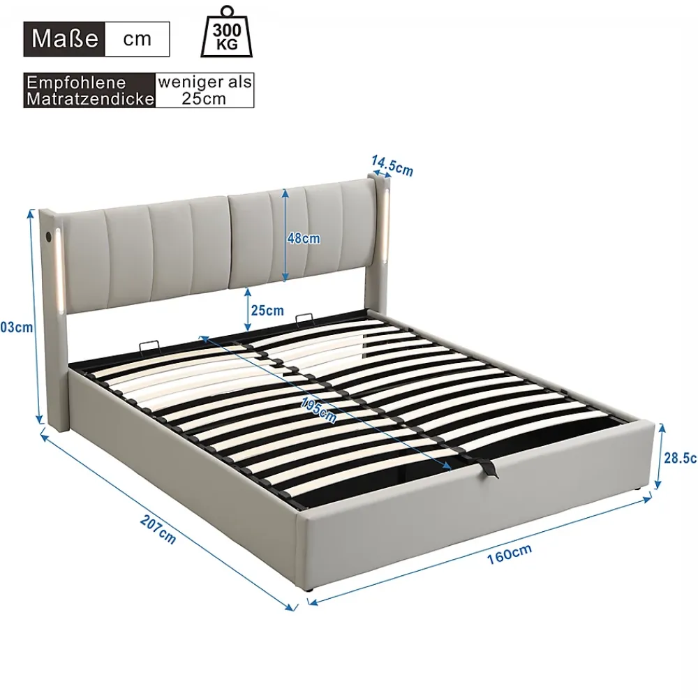Gutent Lit coffre 160 x 200 cm,lit hydraulique,Lit rembourré, avec espace de rangement, tête de lit réglable,PU,gris* Lit Coffre