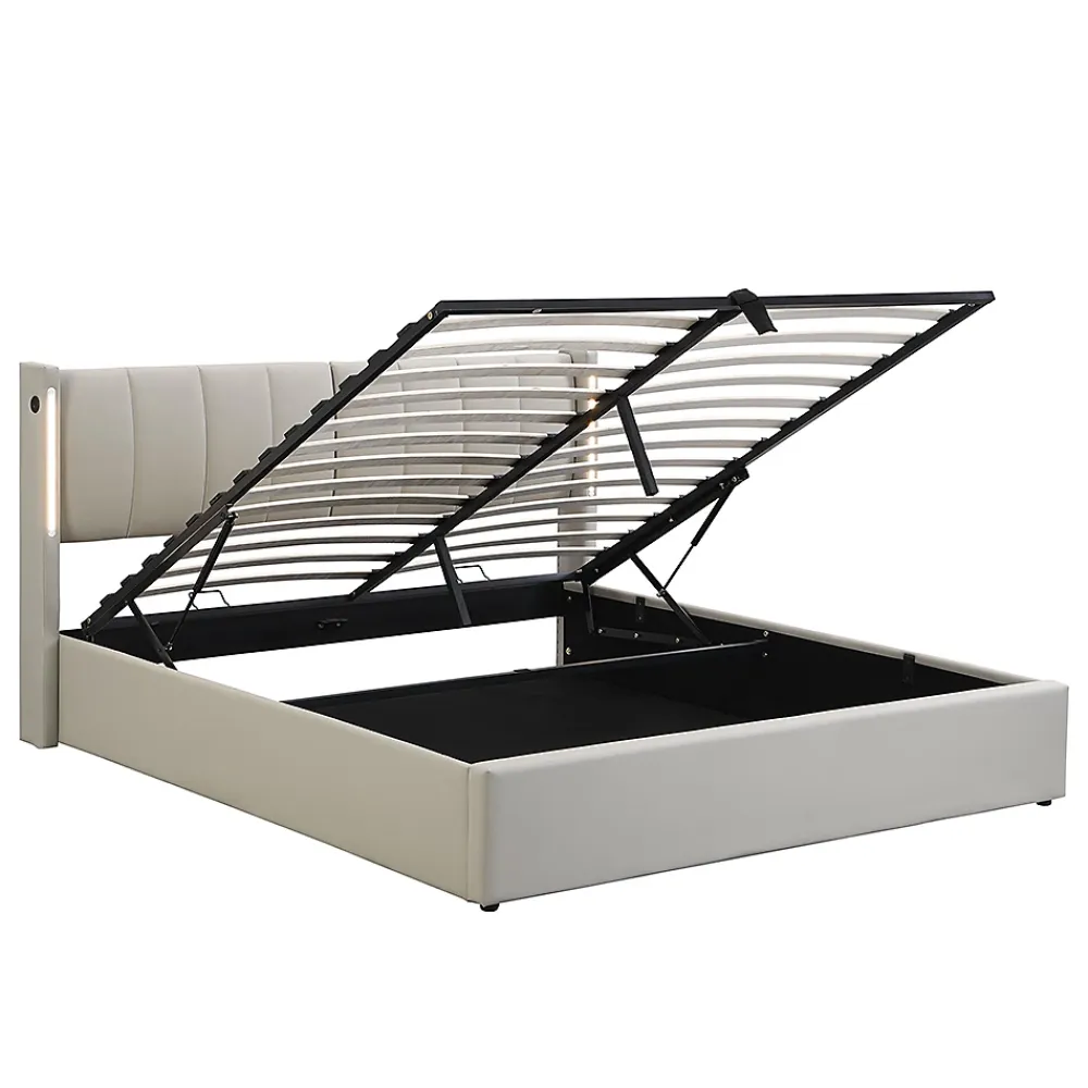 Gutent Lit coffre 140 x 190 cm,Lit rembourré,lit hydraulique,avec éclairage LED, avec espace de rangement,PU, gris* Lit Coffre