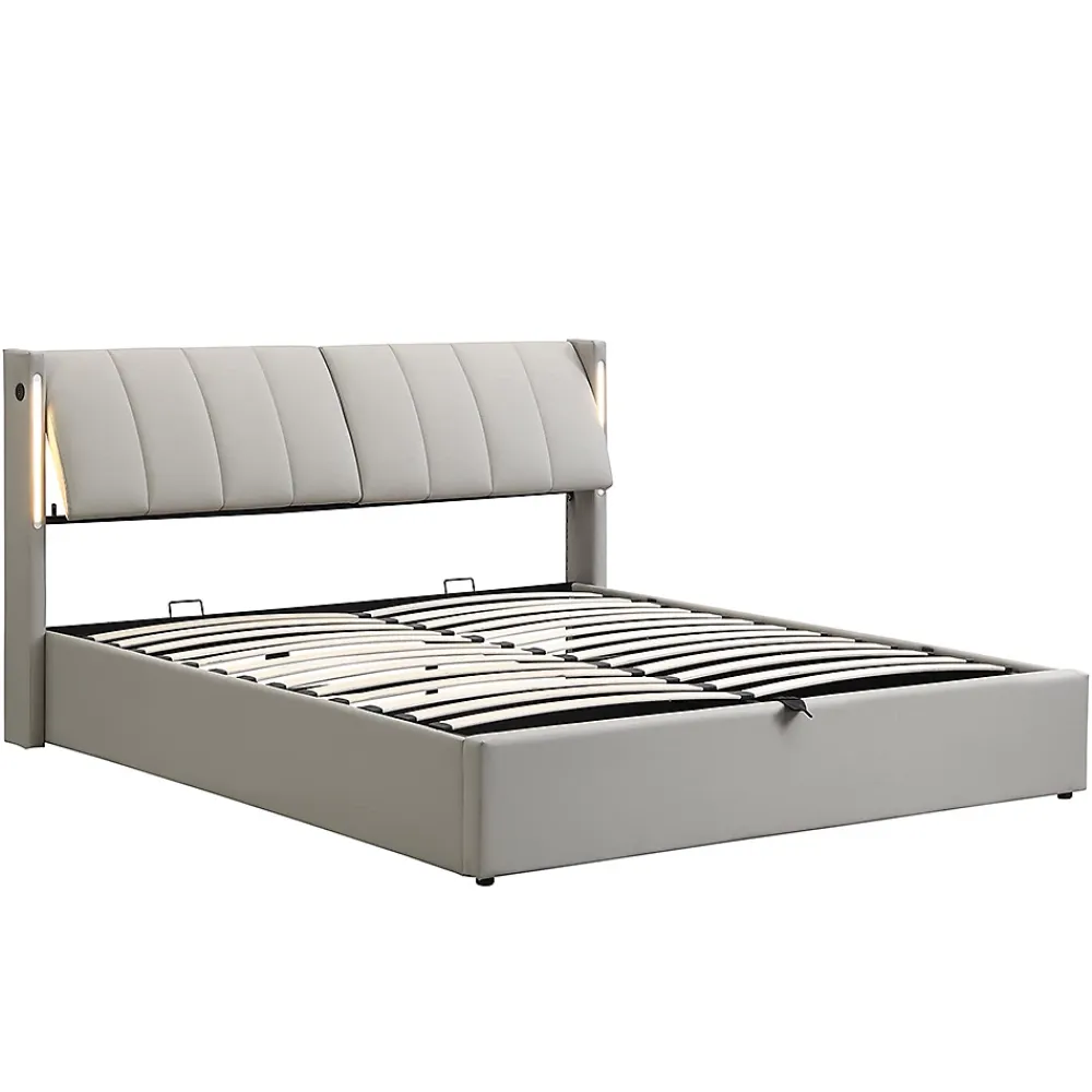 Gutent Lit coffre 140 x 190 cm,Lit rembourré,lit hydraulique,avec éclairage LED, avec espace de rangement,PU, gris* Lit Coffre