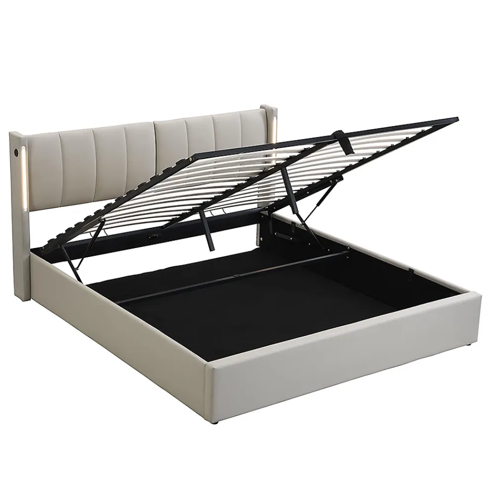 Gutent Lit coffre 140 x 190 cm,Lit rembourré,lit hydraulique,avec éclairage LED, avec espace de rangement,PU, gris* Lit Coffre