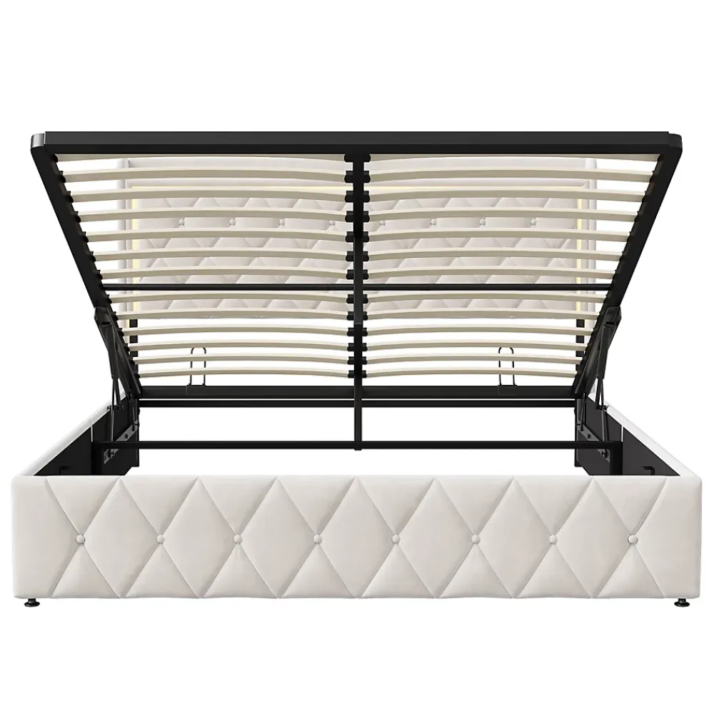 Generique lit coffre 160 x 200,lit double 160 x 200 avec sommier,Tête de lit avec chargement USB et lumières LED réglables,velours,Beige* Lit Coffre