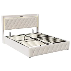 Generique lit coffre 160 x 200,lit double 160 x 200 avec sommier,Tête de lit avec chargement USB et lumières LED réglables,velours,Beige* Lit Coffre