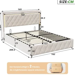 Generique lit coffre 160 x 200,lit double 160 x 200 avec sommier,Tête de lit avec chargement USB et lumières LED réglables,velours,Beige* Lit Coffre