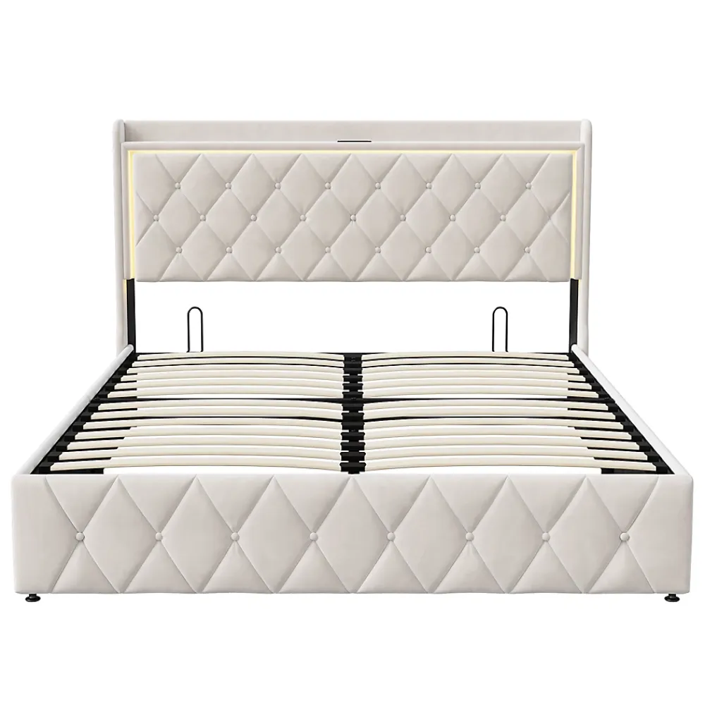 Generique lit coffre 160 x 200,lit double 160 x 200 avec sommier,Tête de lit avec chargement USB et lumières LED réglables,velours,Beige* Lit Coffre