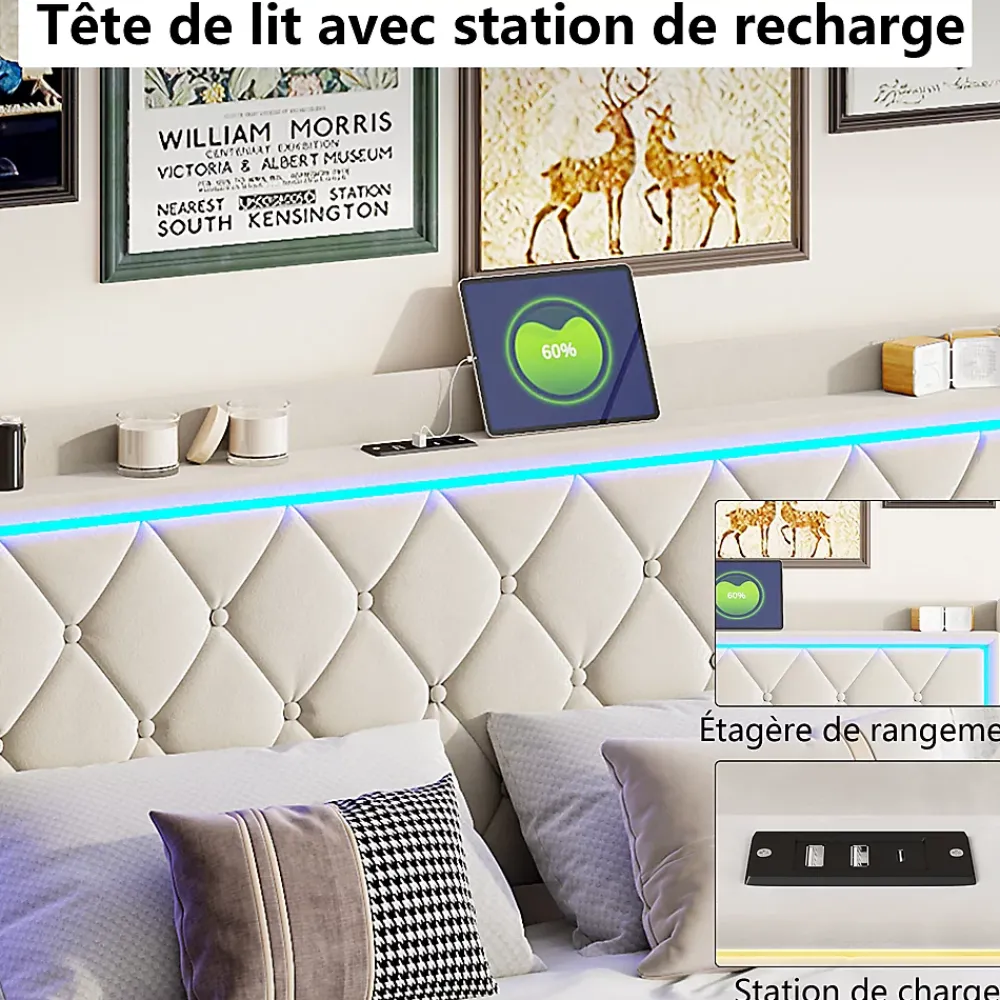 Generique lit coffre 160 x 200,lit double 160 x 200 avec sommier,Tête de lit avec chargement USB et lumières LED réglables,velours,Beige* Lit Coffre