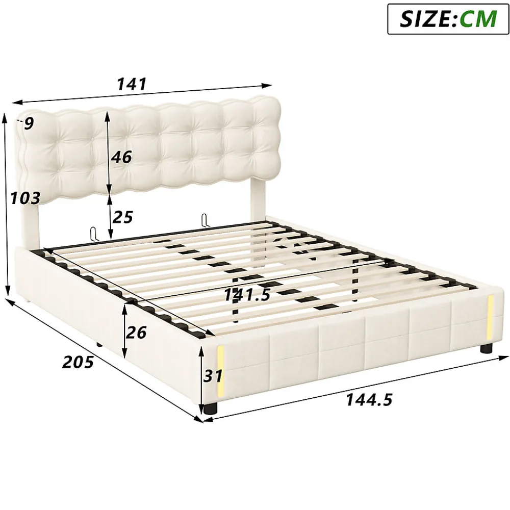 lit coffre 140 x 200,lit rembourré double avec levier hydraulique,Lumières LED au bout du lit,velours,Beige>Generique
