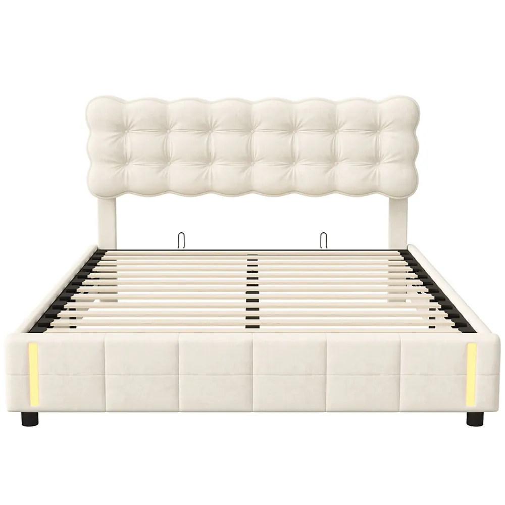 lit coffre 140 x 200,lit rembourré double avec levier hydraulique,Lumières LED au bout du lit,velours,Beige>Generique