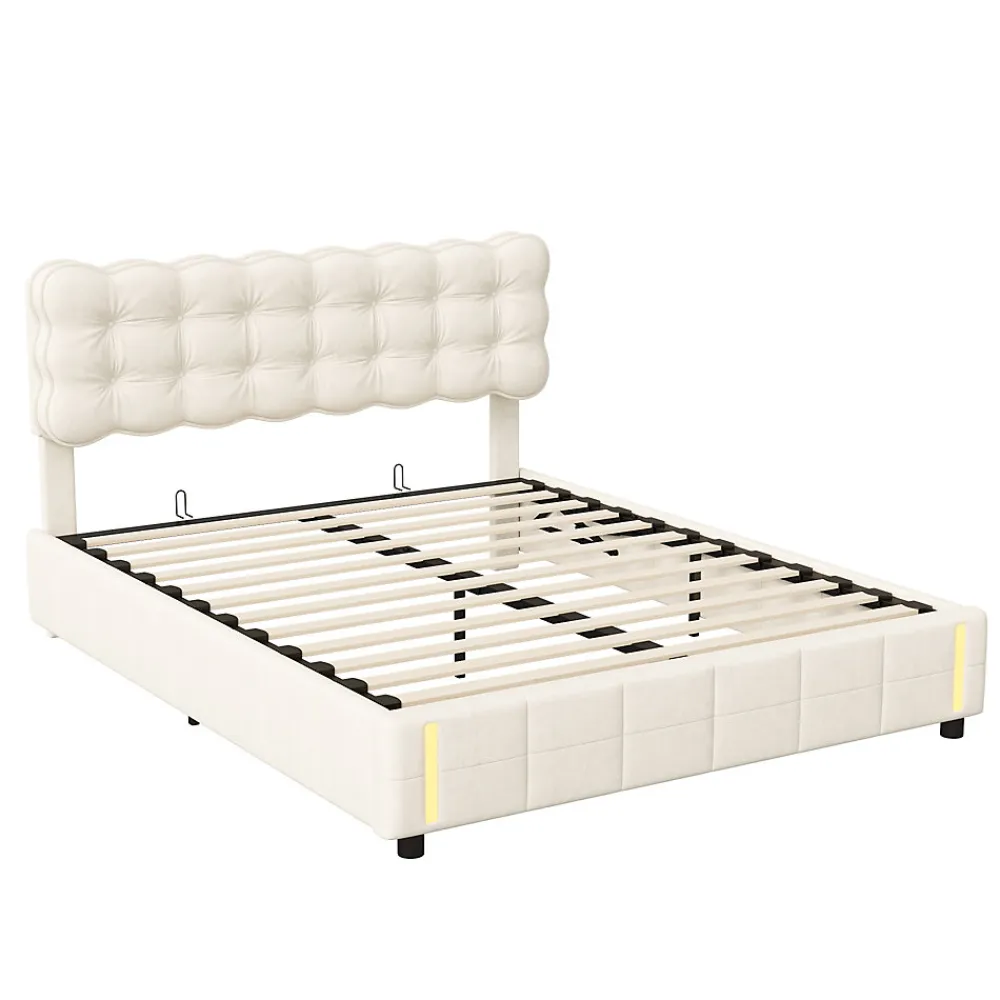 lit coffre 140 x 200,lit rembourré double avec levier hydraulique,Lumières LED au bout du lit,velours,Beige>Generique