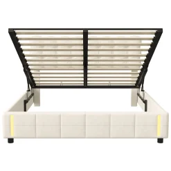 lit coffre 140 x 200,lit rembourré double avec levier hydraulique,Lumières LED au bout du lit,velours,Beige><noscript><img width=