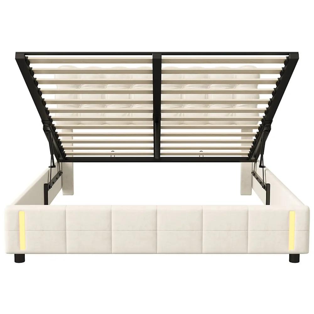 lit coffre 140 x 200,lit rembourré double avec levier hydraulique,Lumières LED au bout du lit,velours,Beige>Generique