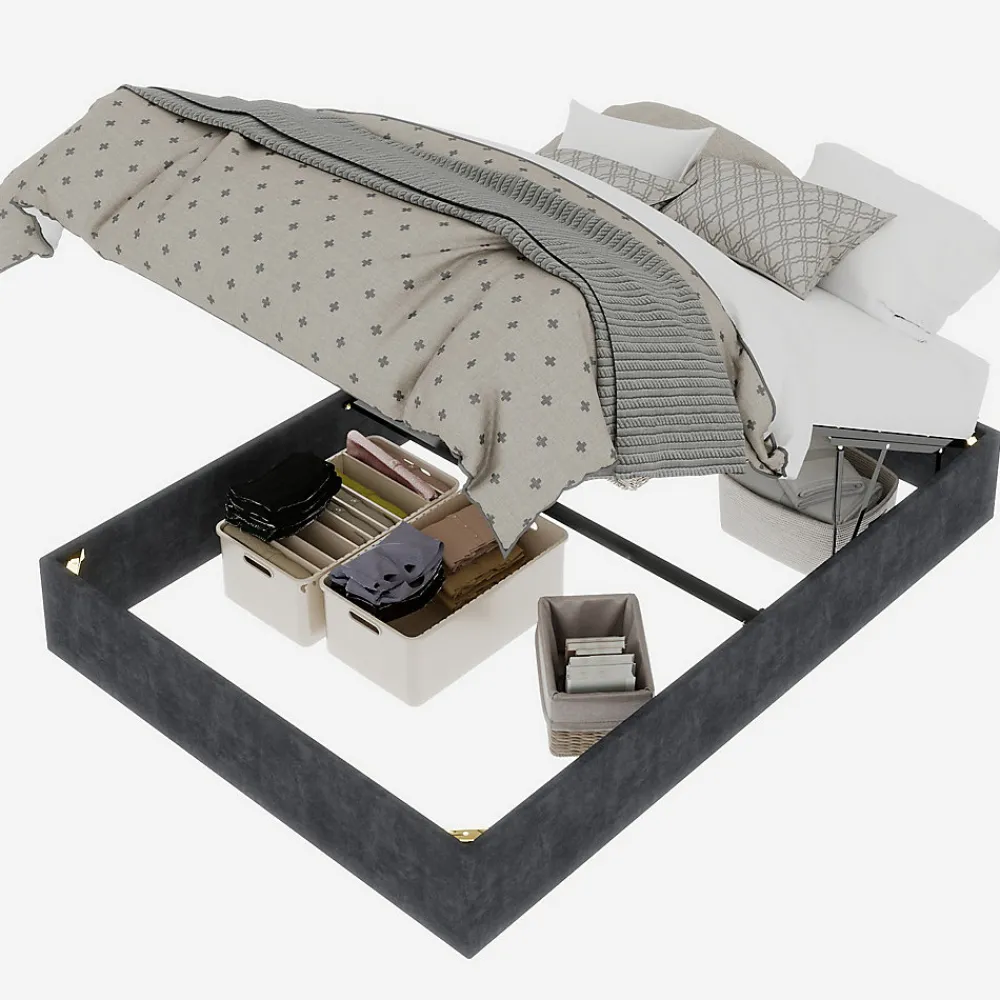 Lit Coffre Ado 140x200 cm - Lit Double Avec Vérins Hydrauliques, Bas et Moderne, Sans Tête de Lit, Sans Matelas, Velours Gris>Okwish New